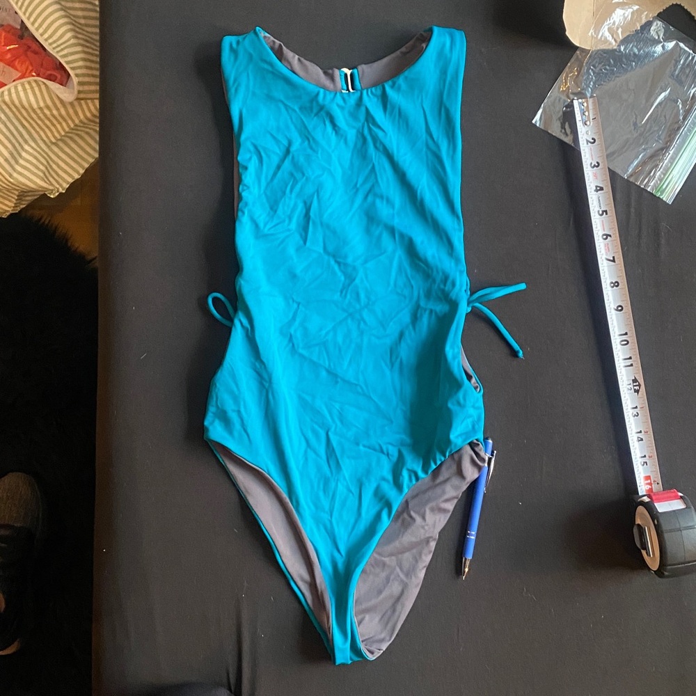 Dark teal and grey reversible One-Piece Swimsuit tie side size S